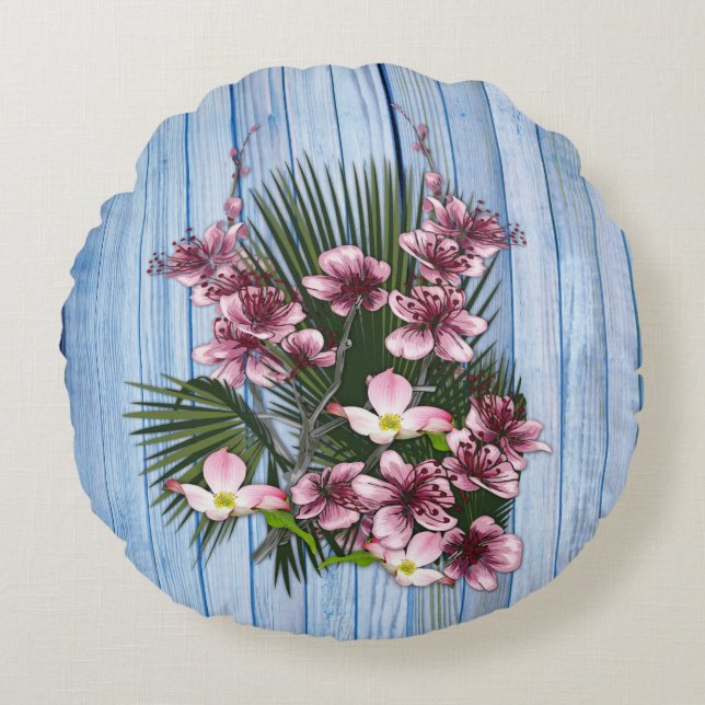 Pink Arty Flowers on Blue-wood-texture Round Cushion (Front)