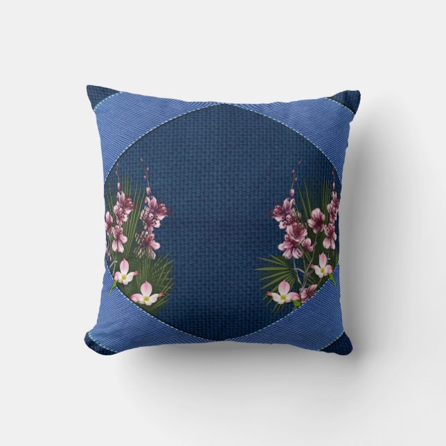 Pink Arty Flowers on Navy Blue-Fabric texture Cushion (Front)