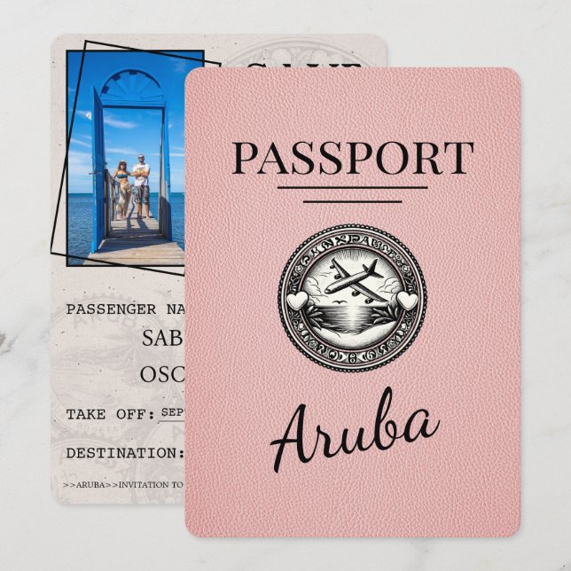 Pink Aruba Passport Save The Date (Front/Back)