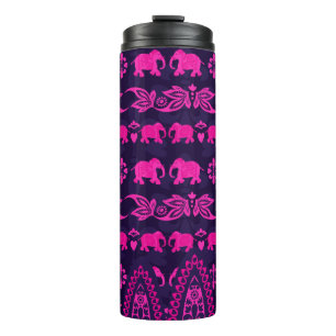 Pink Asian Elephant Pattern on Blue Thermal Tumbler