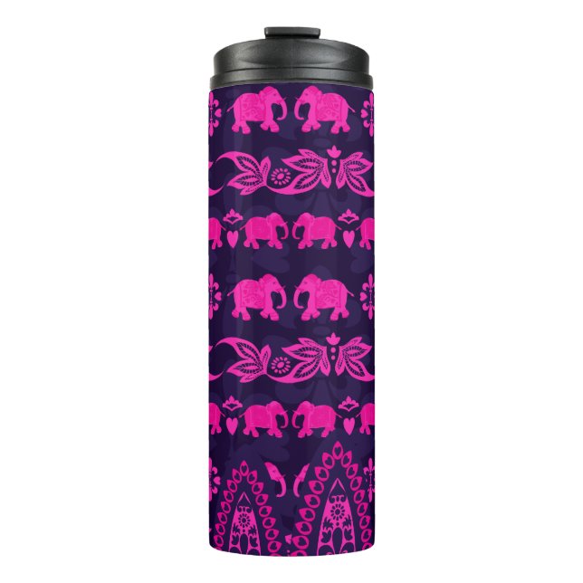 Pink Asian Elephant Pattern on Blue Thermal Tumbler (Front)