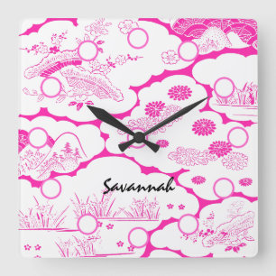 Pink Asian Flower Lanscape Wall Clock