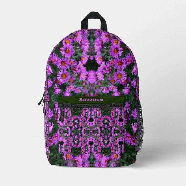 Pink Aster Flowers Abstract Personalised Printed Backpack (Front)