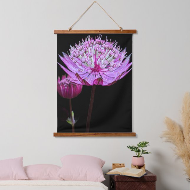 Pink Astrantia Flower on Black Floral Hanging Tapestry (Bedroom)