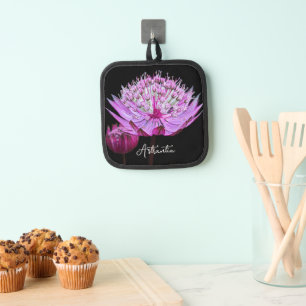 Pink Astrantia Flower on Black Floral Pot Holder