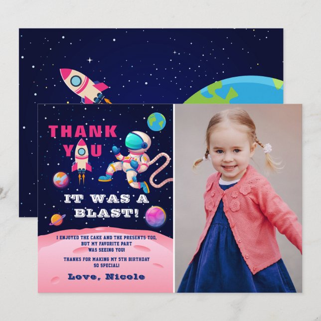 Pink Astronaut Outer Space Birthday Photo Thank You Card (Front/Back)