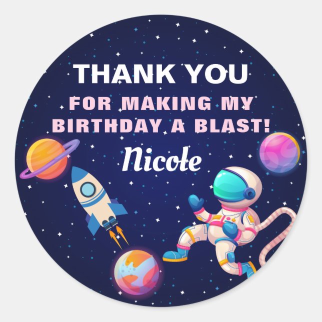  Pink Astronaut Outer Space Rocket Ship Birthday Classic Round Sticker (Front)