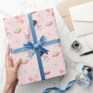 Pink Astronaut Space Birthday Invitation Wrapping Paper