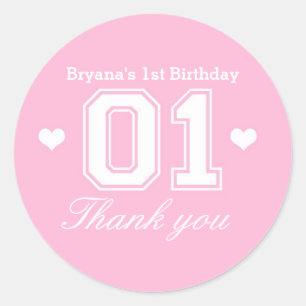 Pink Athletic 01 1st Birthday Party Favour Sticker