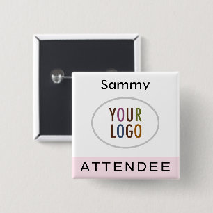 Pink Attendee Name Badge with Logo Pinback Square 