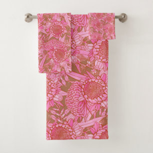 Pink Australian Protea And Waratah Pattern  Bath Towel Set