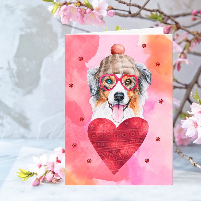 Pink Australian Shepherd Valentine's Day Gift Dog Card (Creator Uploaded)