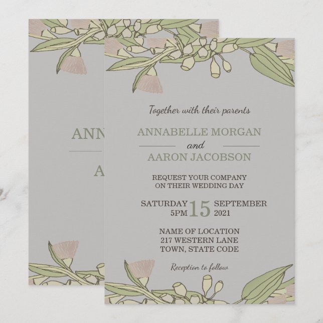 Pink Australian Wildflower Gumtree Wedding Invites (Front/Back)