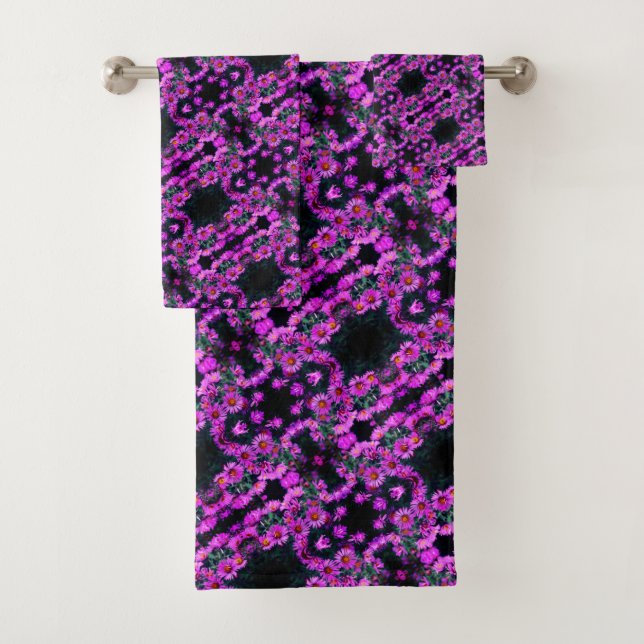 Pink Autumn Aster Flowers Abstract Art Pattern   Bath Towel Set (Insitu)
