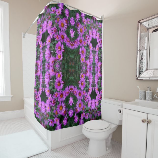 Pink Autumn Aster Flowers Abstract Art Pattern   Shower Curtain (In Situ)