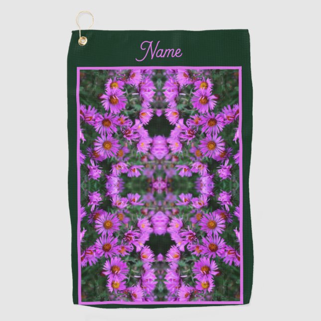 Pink Autumn Aster Flowers Abstract Personalised Golf Towel (Front)