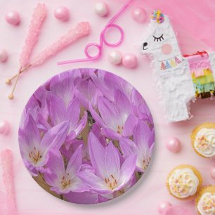 Pink Autumn Crocus Blooms Floral Paper Plate