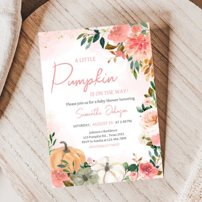 Pink Autumn Fall Floral Pumpkin Baby Shower Invitation (Autumn Floral Pumpkin Baby Shower Invitation)
