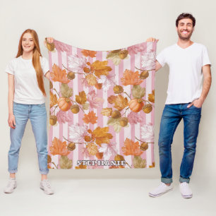 Pink Autumn Leaves and Acorns Pattern - Fall Fleece Blanket