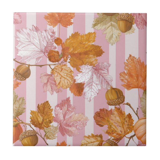 Pink Autumn Leaves and Acorns Pattern - Fall Tile (Front)