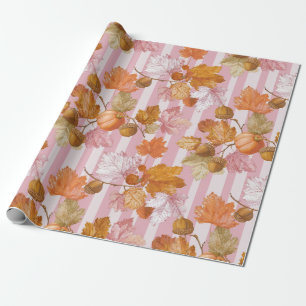 Pink Autumn Leaves and Acorns Pattern - Fall Wrapping Paper