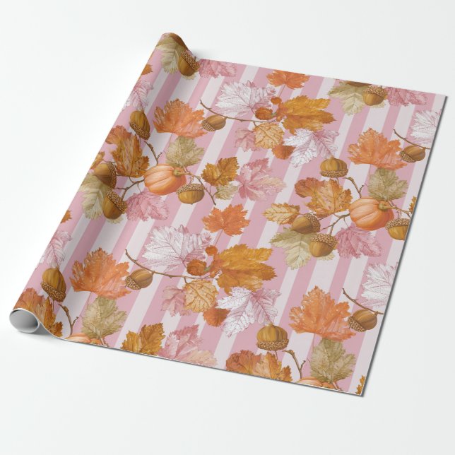 Pink Autumn Leaves and Acorns Pattern - Fall Wrapping Paper (Unrolled)