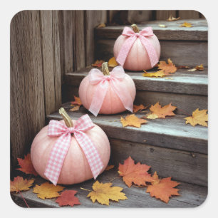 Pink Autumn Pumpkins and Fall Leaves Square Sticker