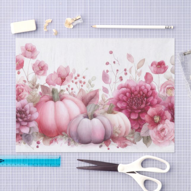 Pink Autumn Pumpkins and Flowers Fall Decoupage Tissue Paper (Craft)