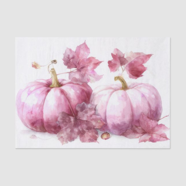Pink Autumn Pumpkins and Flowers Fall Decoupage Tissue Paper (Front)