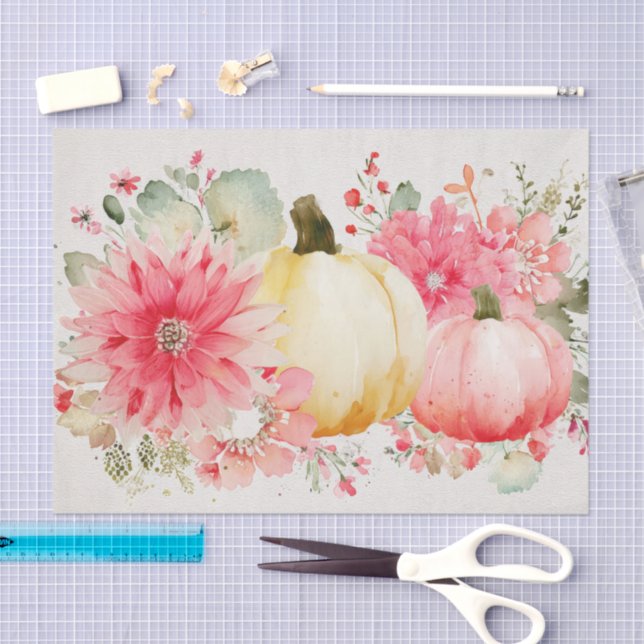 Pink Autumn Pumpkins and Flowers Fall Decoupage Tissue Paper (Craft)