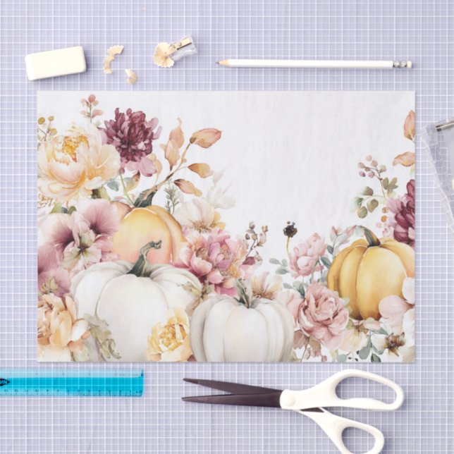 Pink Autumn Pumpkins and Flowers Fall Decoupage Tissue Paper (Craft)