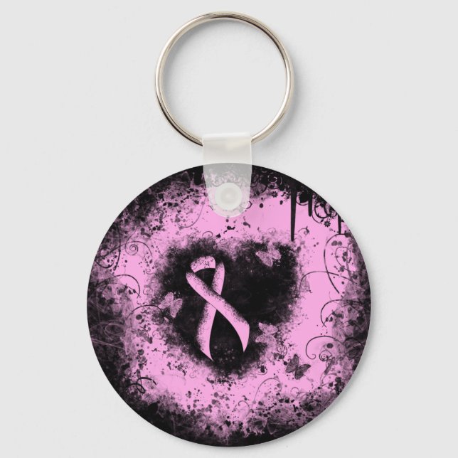 Pink Awareness Ribbon Grunge Heart Key Ring (Front)