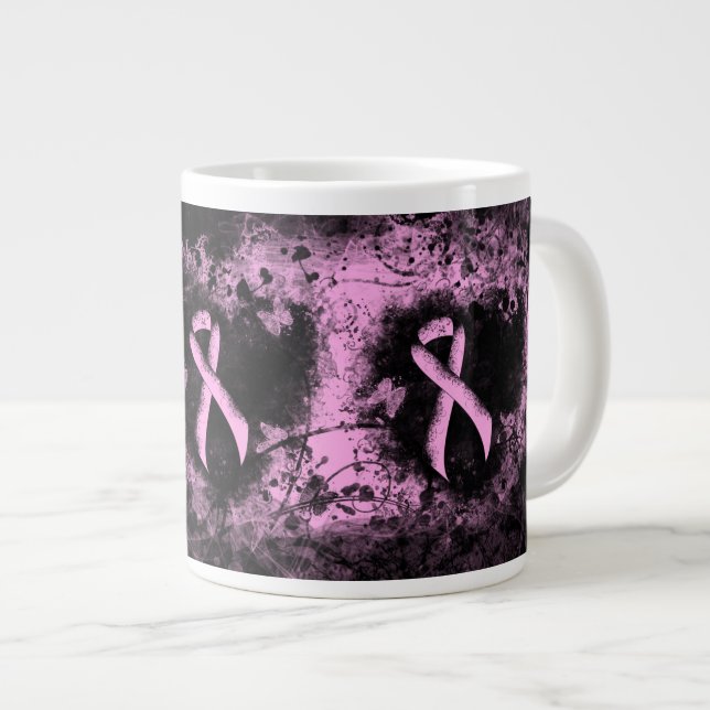 Pink Awareness Ribbon Grunge Heart Large Coffee Mug (Front Right)