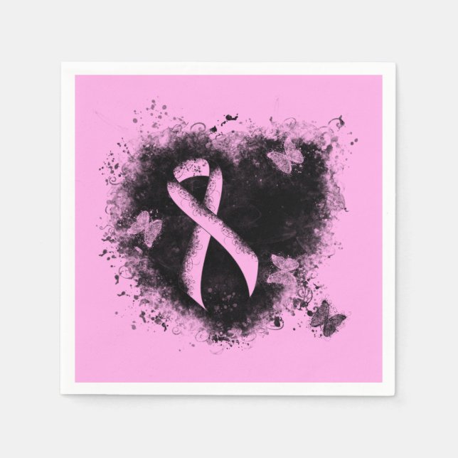 Pink Awareness Ribbon Grunge Heart Napkin (Front)