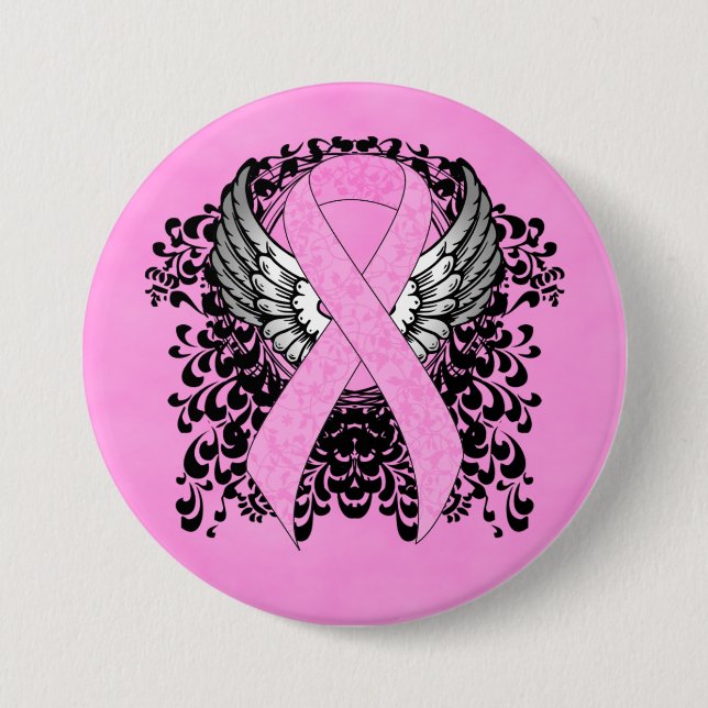 Pink Awareness Ribbon on with Wings 7.5 Cm Round Badge (Front)
