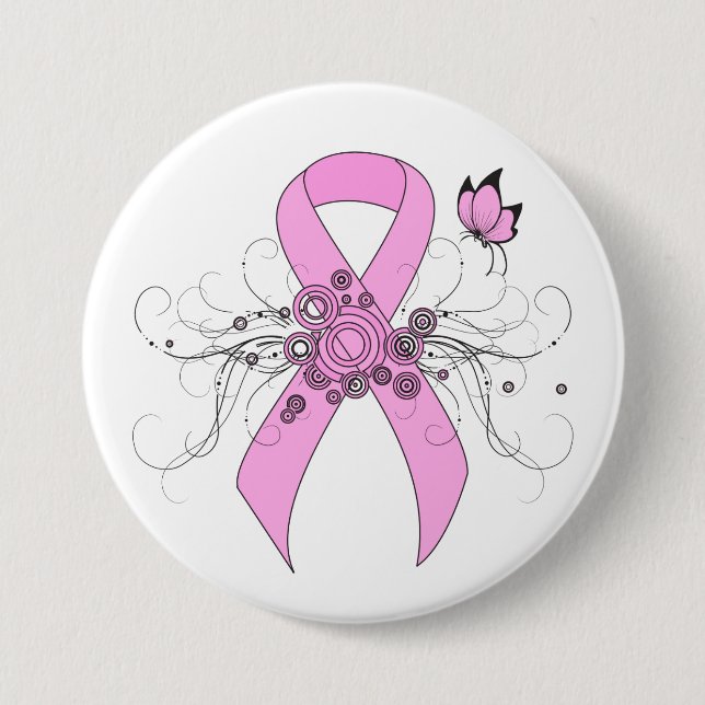 Pink Awareness Ribbon with Butterfly 7.5 Cm Round Badge (Front)