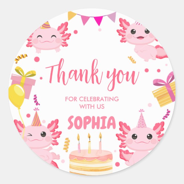 Pink Axolotl Alotl Birthday Party Classic Round Sticker (Front)