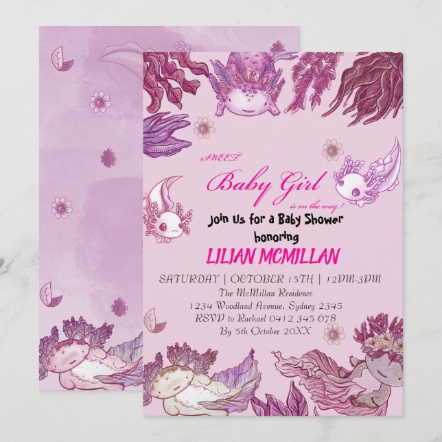 PINK AXOLOTL Baby Shower Invitation Girl (Front/Back)