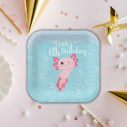 Pink Axolotl Birthday Party Paper Plate
