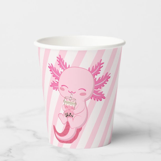 Pink Axolotl Boba Tea Kids Birthday Party Paper Cups (Front)
