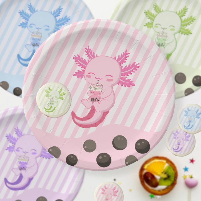 Pink Axolotl Bubble Boba Par-tea Birthday Paper Pl Plate (Creator Uploaded)