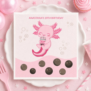 Pink Axolotl Bubble Milk Boba Tea Birthday Napkin