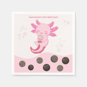 Pink Axolotl Bubble Milk Boba Tea Birthday Napkin