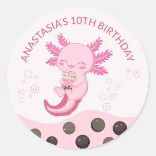 Pink Axolotl Bubble Milk Boba Tea Birthday Party Classic Round Sticker
