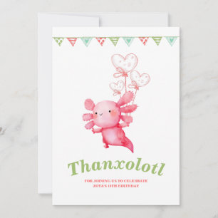 Pink Axolotl Fun Kids Birthday Party Thank You Card