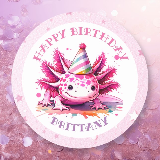 Pink Axolotl Girl's Birthday Party Classic Round Sticker (Creator Uploaded)