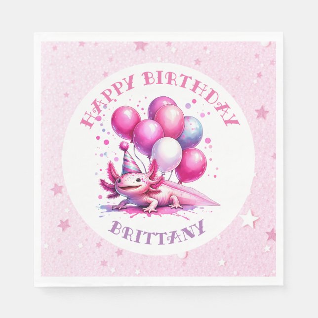 Pink Axolotl Girl's Birthday Party Napkin (Front)