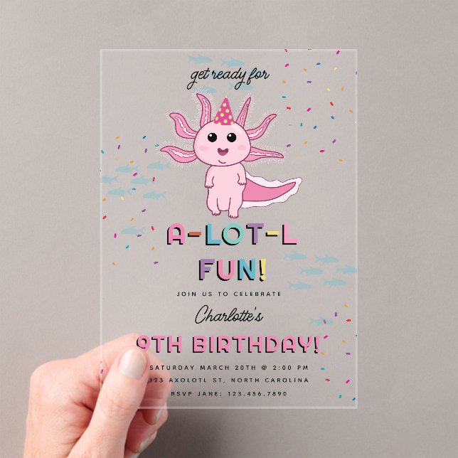 Pink Axolotl Kids Cute Salamander Birthday Party Acrylic Invitations (Insitu (Handheld))