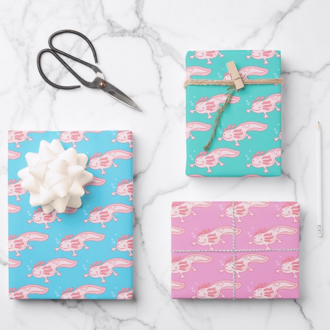 Pink Axolotl Pattern Wrapping Paper Sheet (Front)