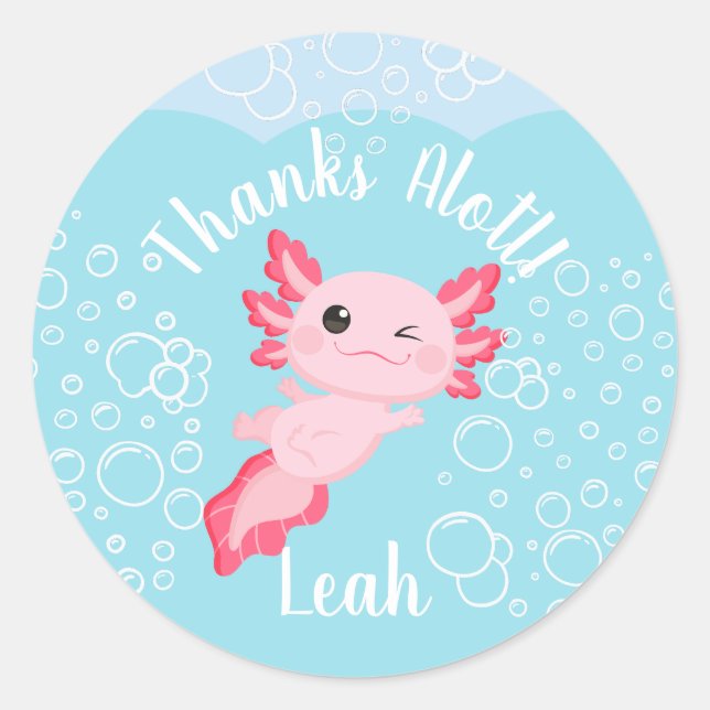 Pink Axolotl Underwater Birthday Party Favour Classic Round Sticker (Front)